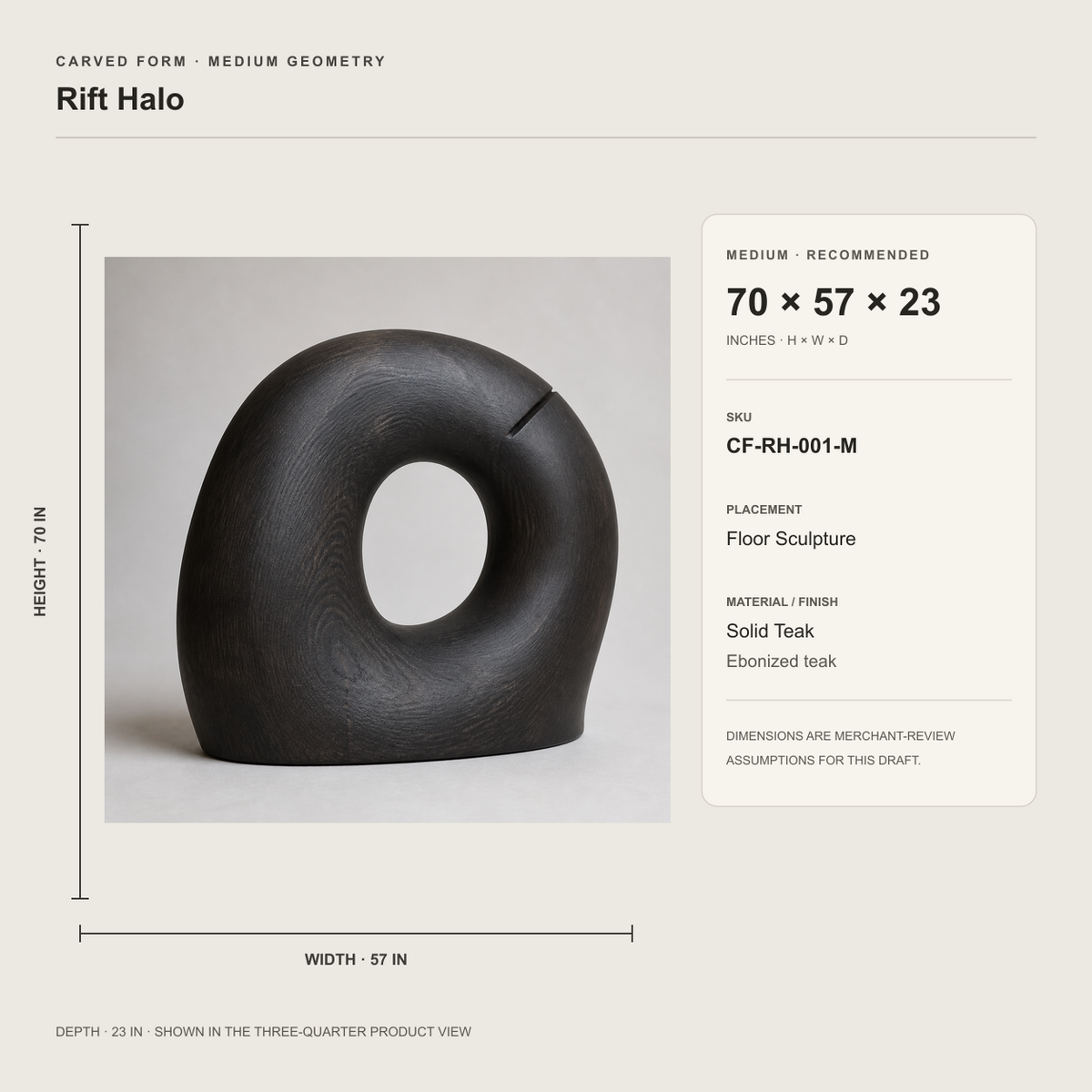 Rift Halo, teak wood floor sculpture — size and scale study