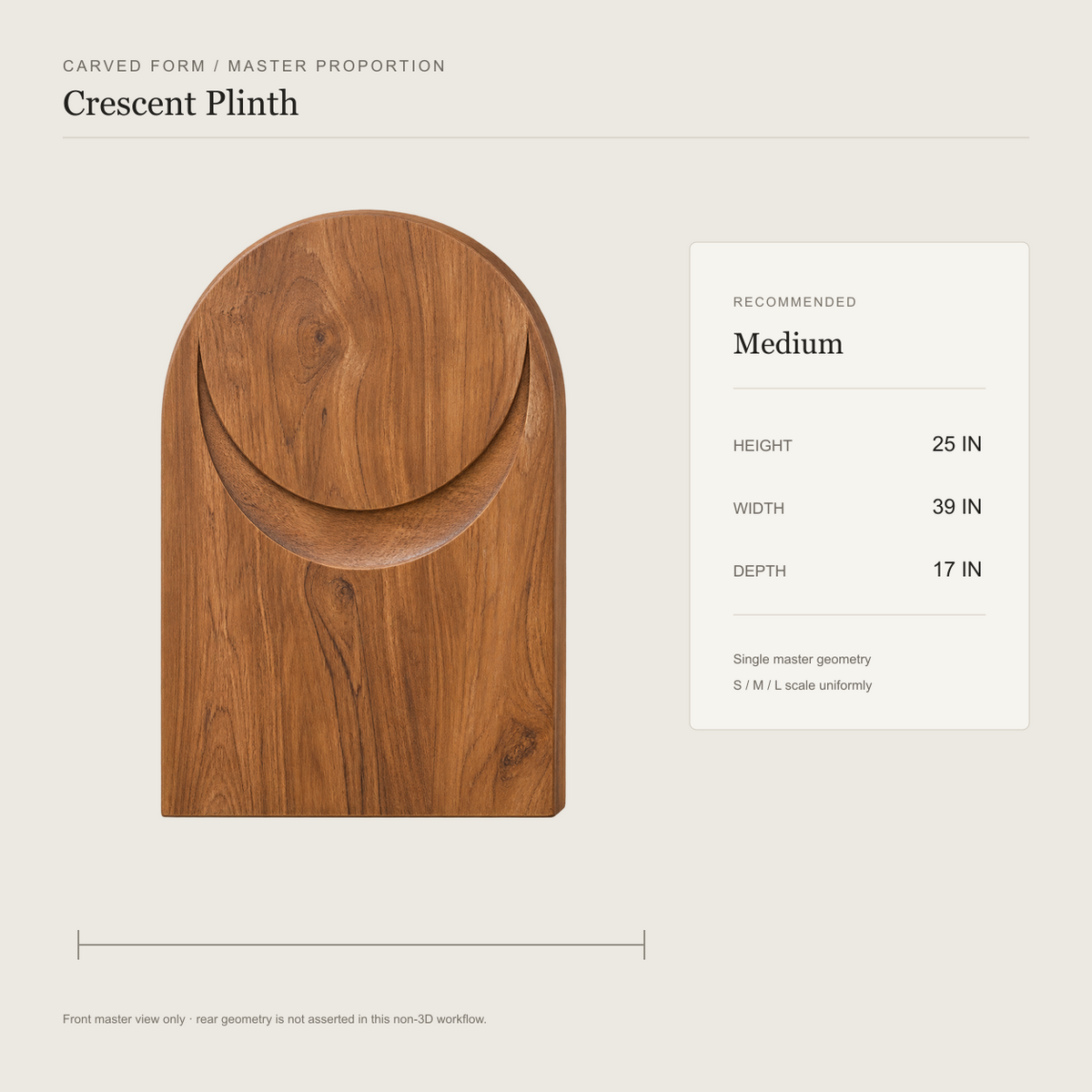 Crescent Plinth, abstract teak wood sculpture — size and scale study