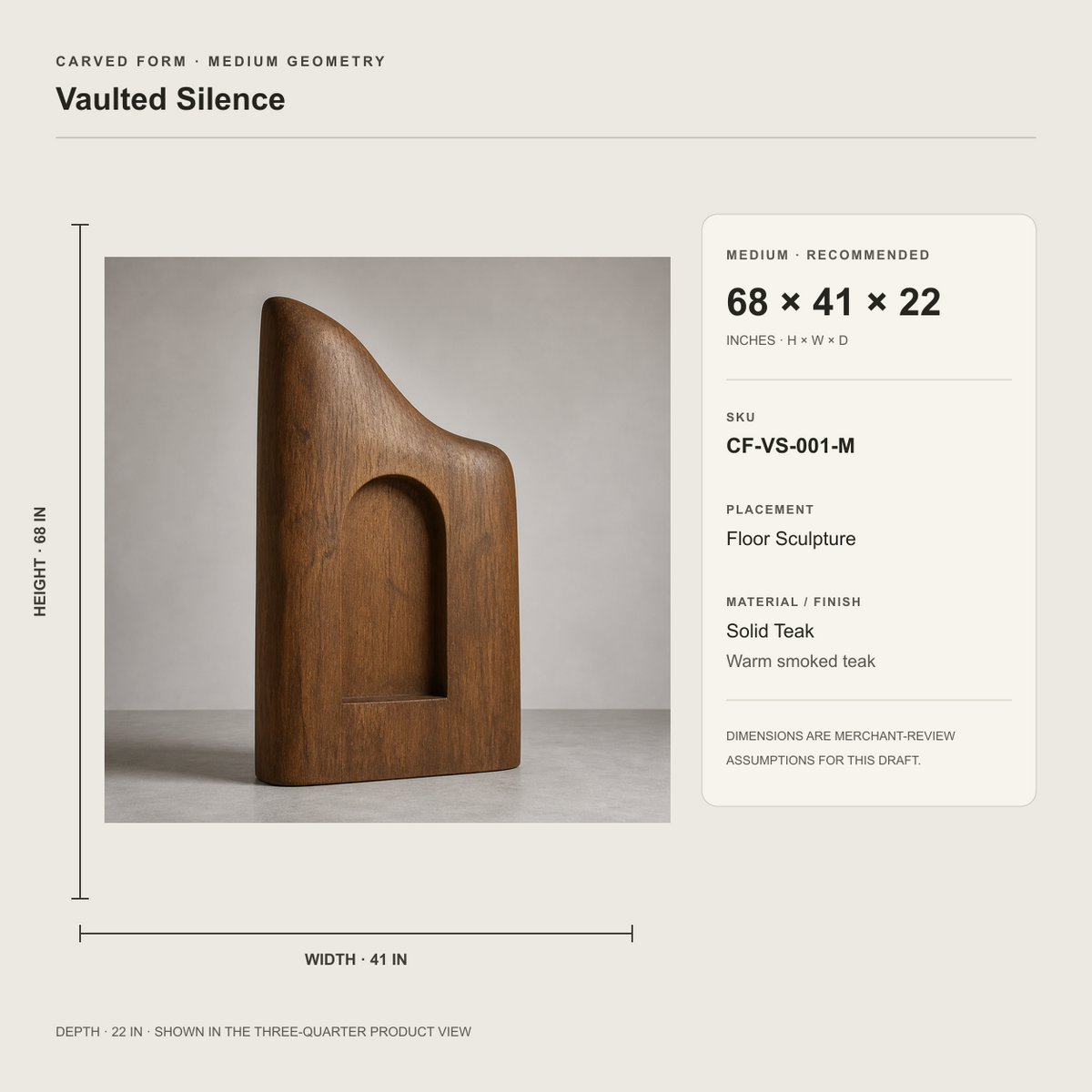 Vaulted Silence, teak wood floor sculpture — size and scale study