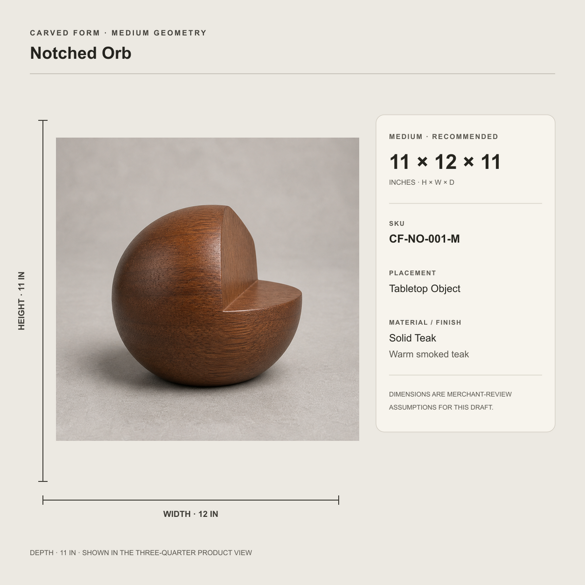 Notched Orb, teak wood tabletop sculpture — size and scale study