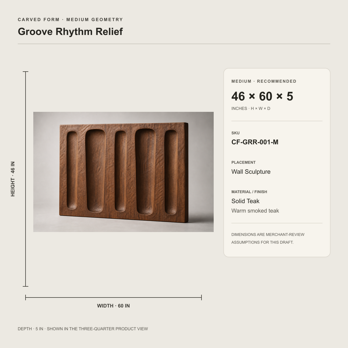 Groove Rhythm Relief, carved teak wood wall art — size and scale study