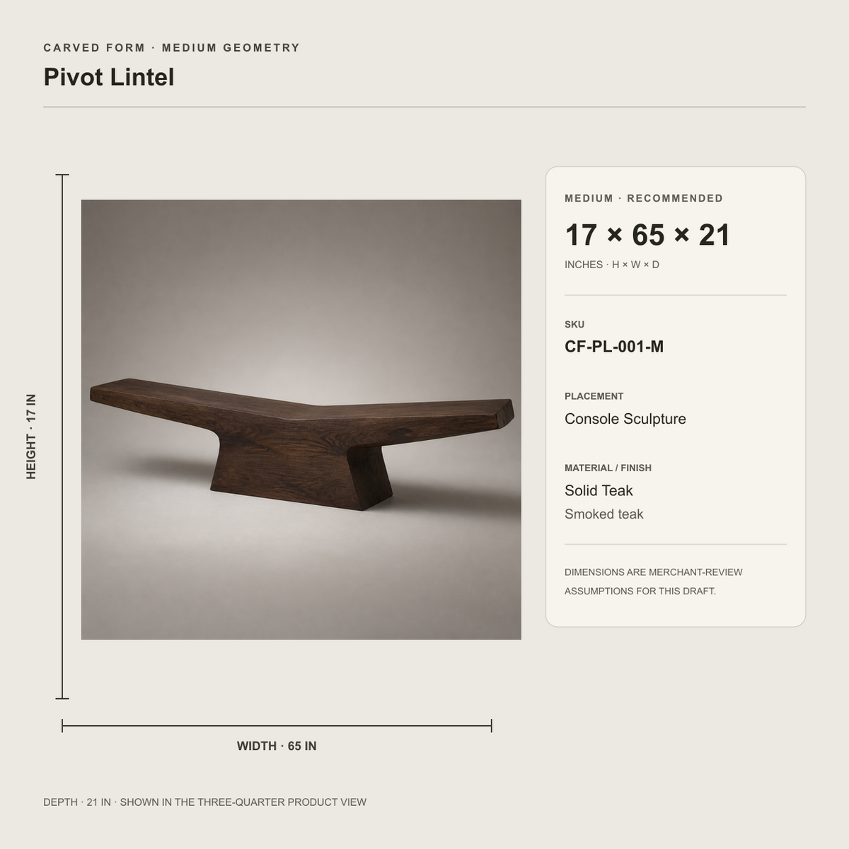 Pivot Lintel, teak wood console sculpture — size and scale study