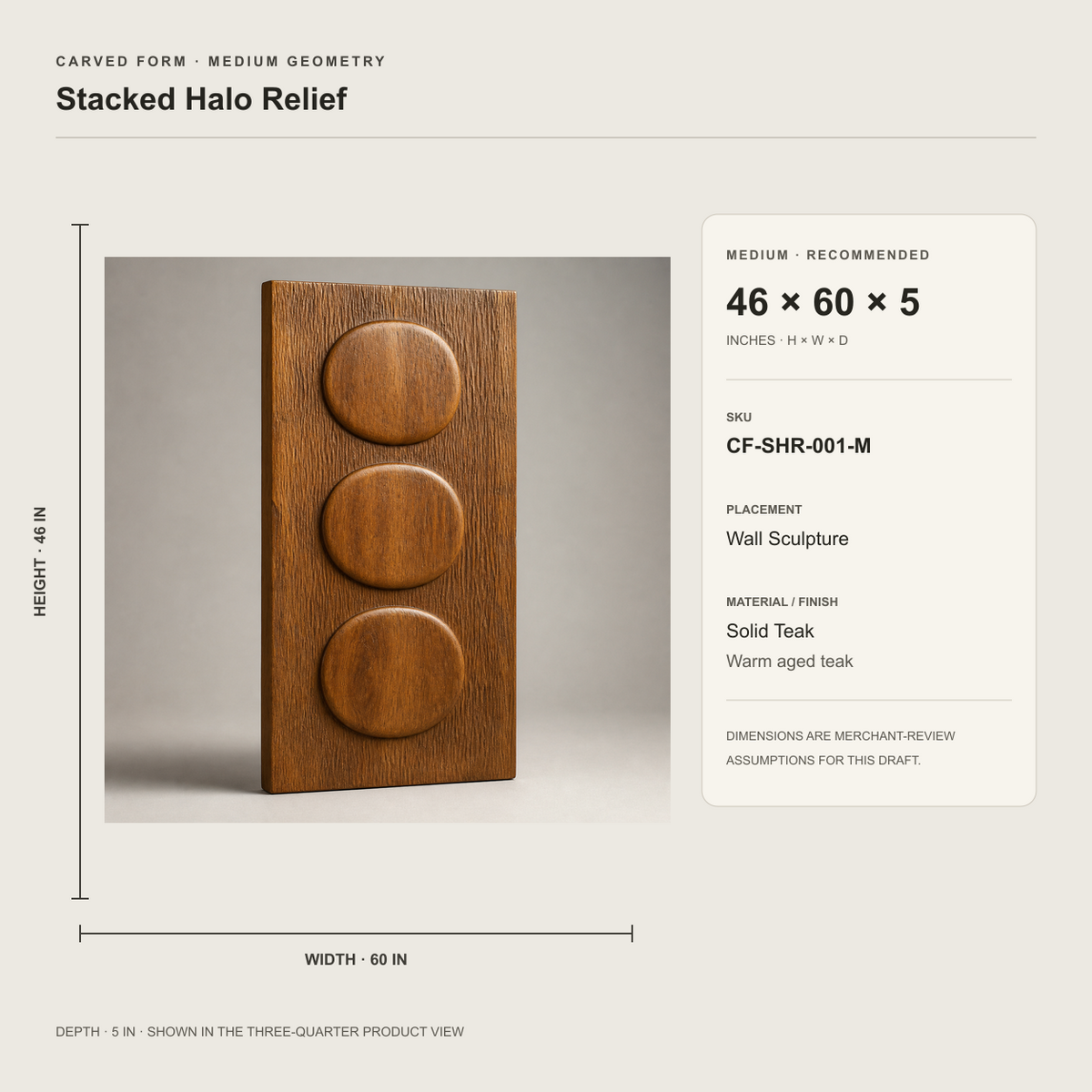 Stacked Halo Relief, carved teak wood wall art — size and scale study