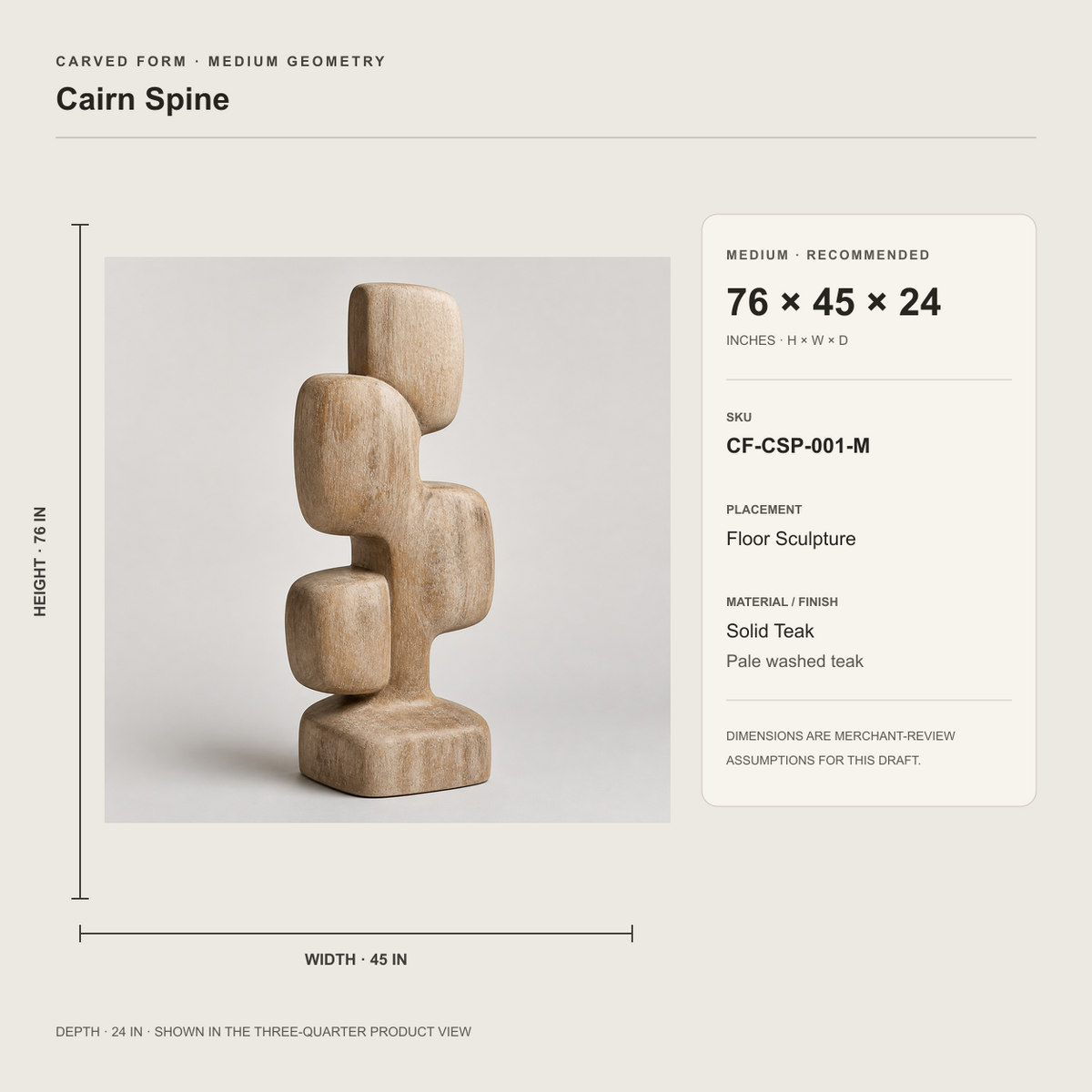 Cairn Spine, teak wood floor sculpture — size and scale study