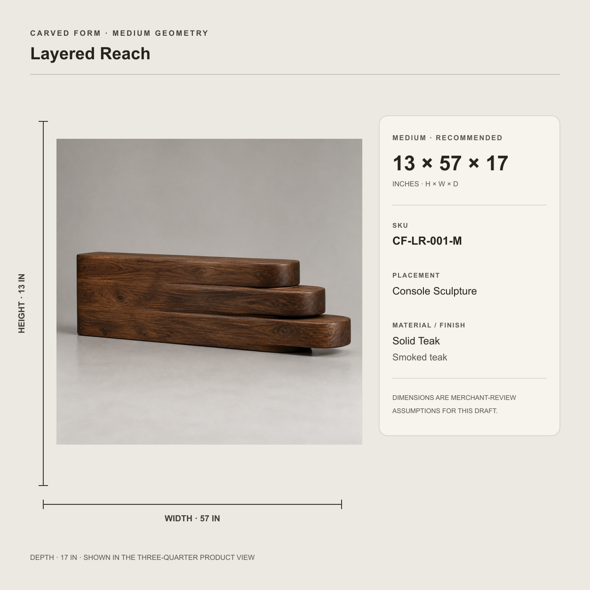 Layered Reach, teak wood console sculpture — size and scale study