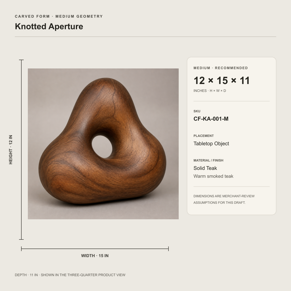 Knotted Aperture, teak wood tabletop sculpture — size and scale study
