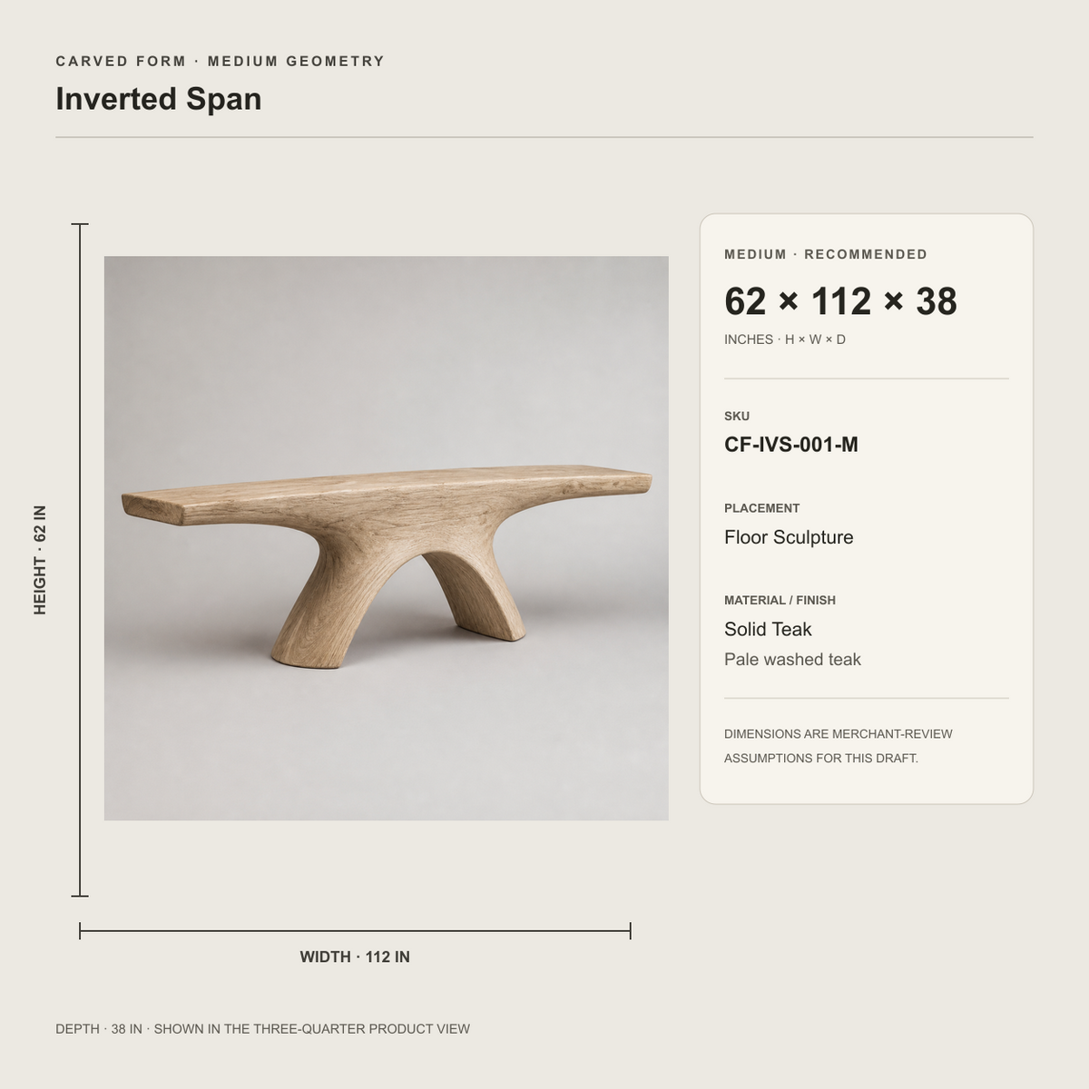 Inverted Span, teak wood floor sculpture — size and scale study