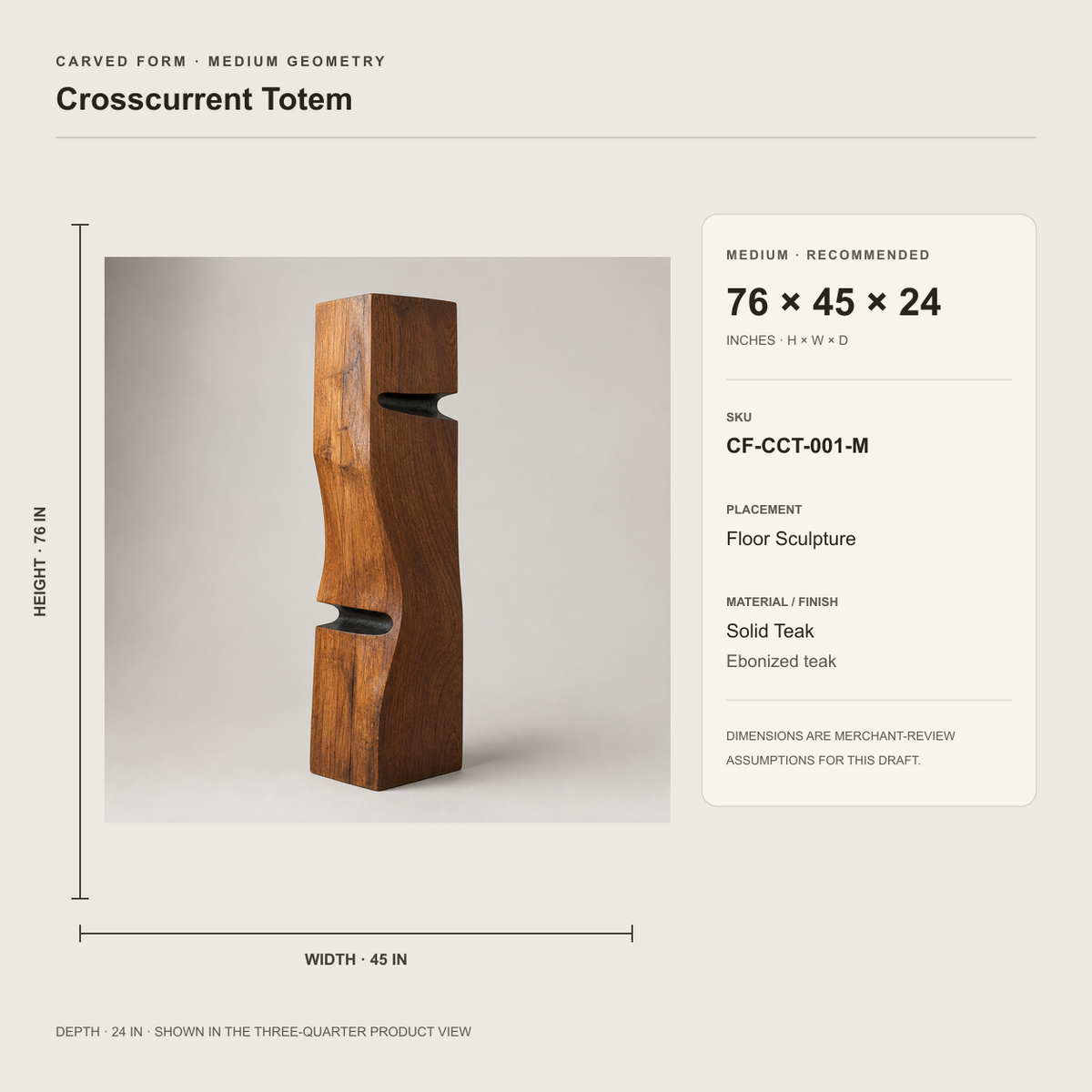 Crosscurrent Totem, teak wood floor sculpture — size and scale study