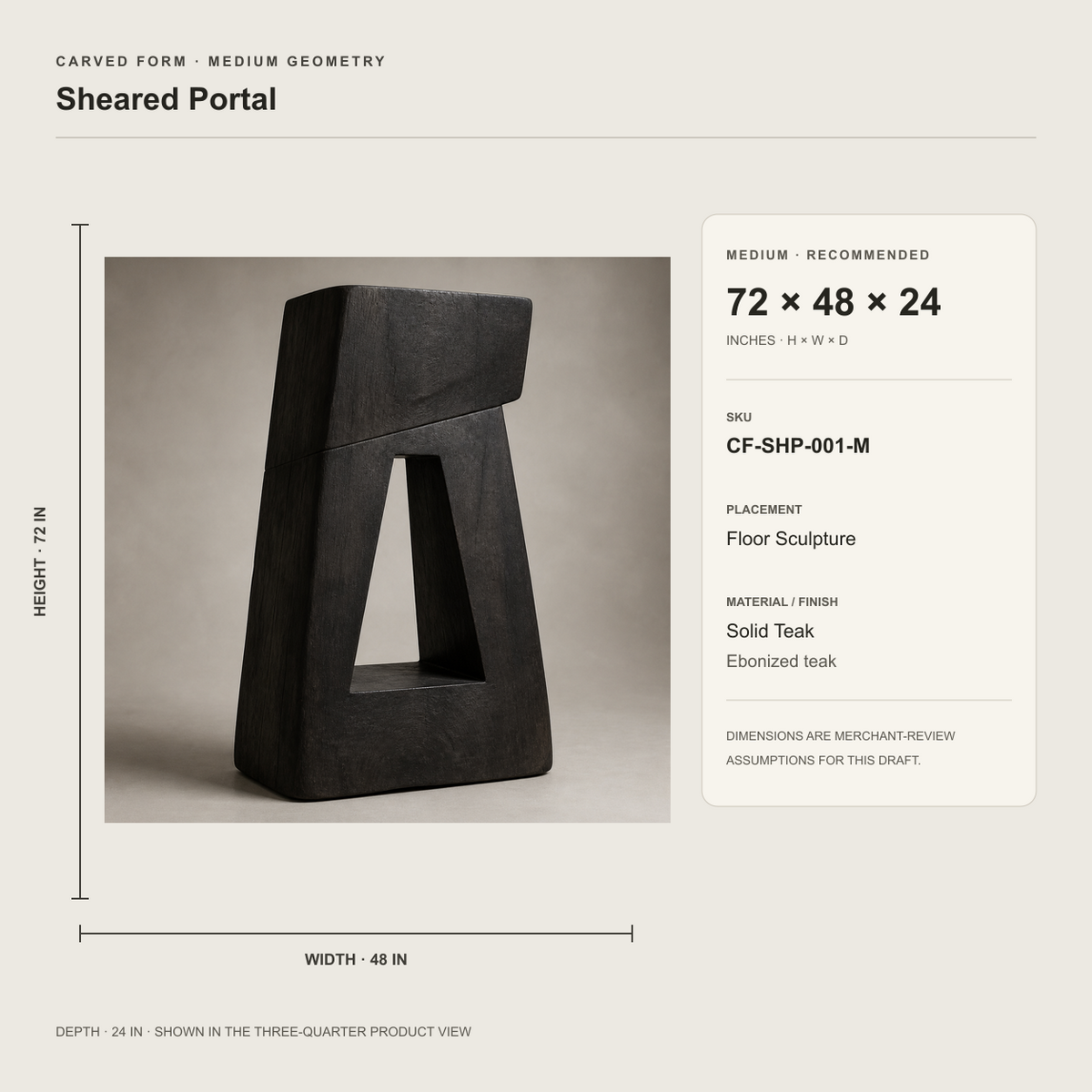Sheared Portal, teak wood floor sculpture — size and scale study