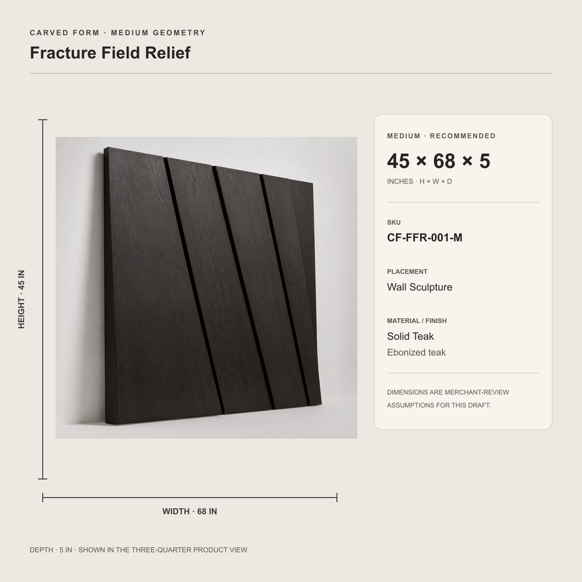 Fracture Field Relief, carved teak wood wall art — size and scale study