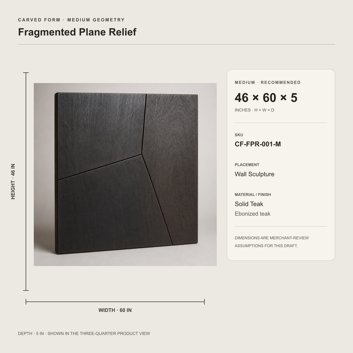 Fragmented Plane Relief, carved teak wood wall art — size and scale study