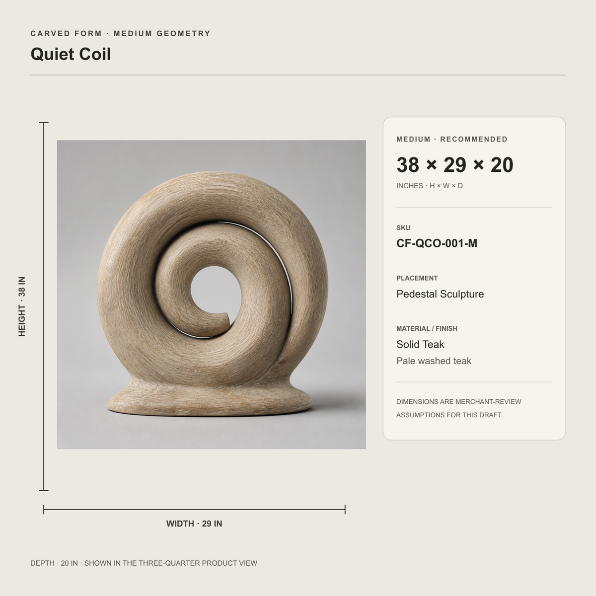 Quiet Coil, abstract teak wood sculpture — size and scale study