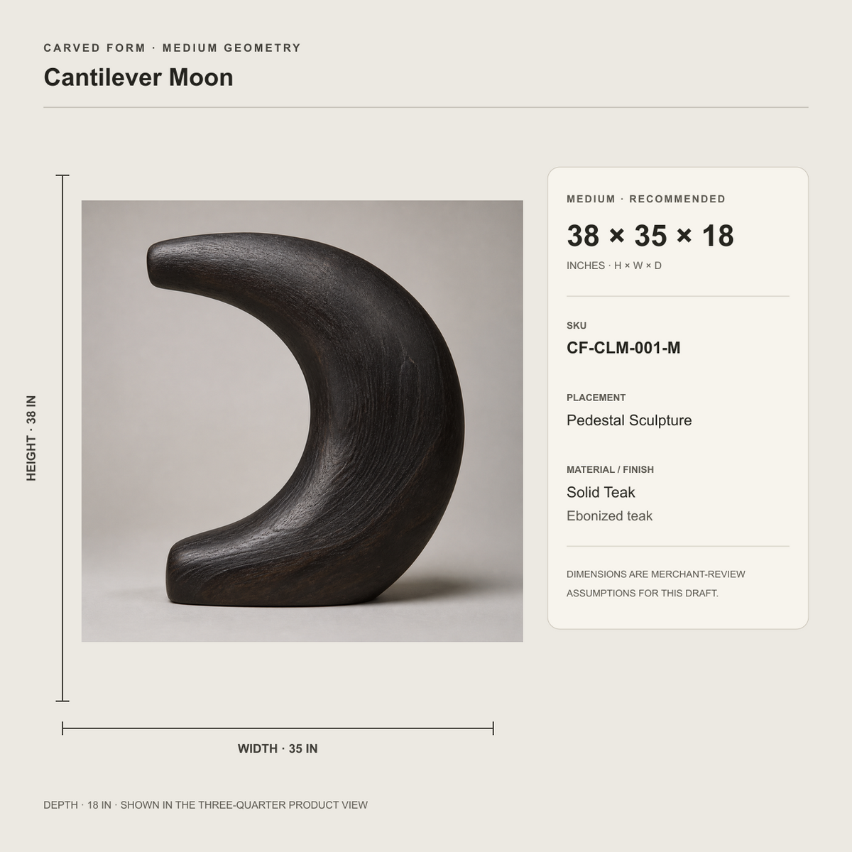 Cantilever Moon, abstract teak wood sculpture — size and scale study