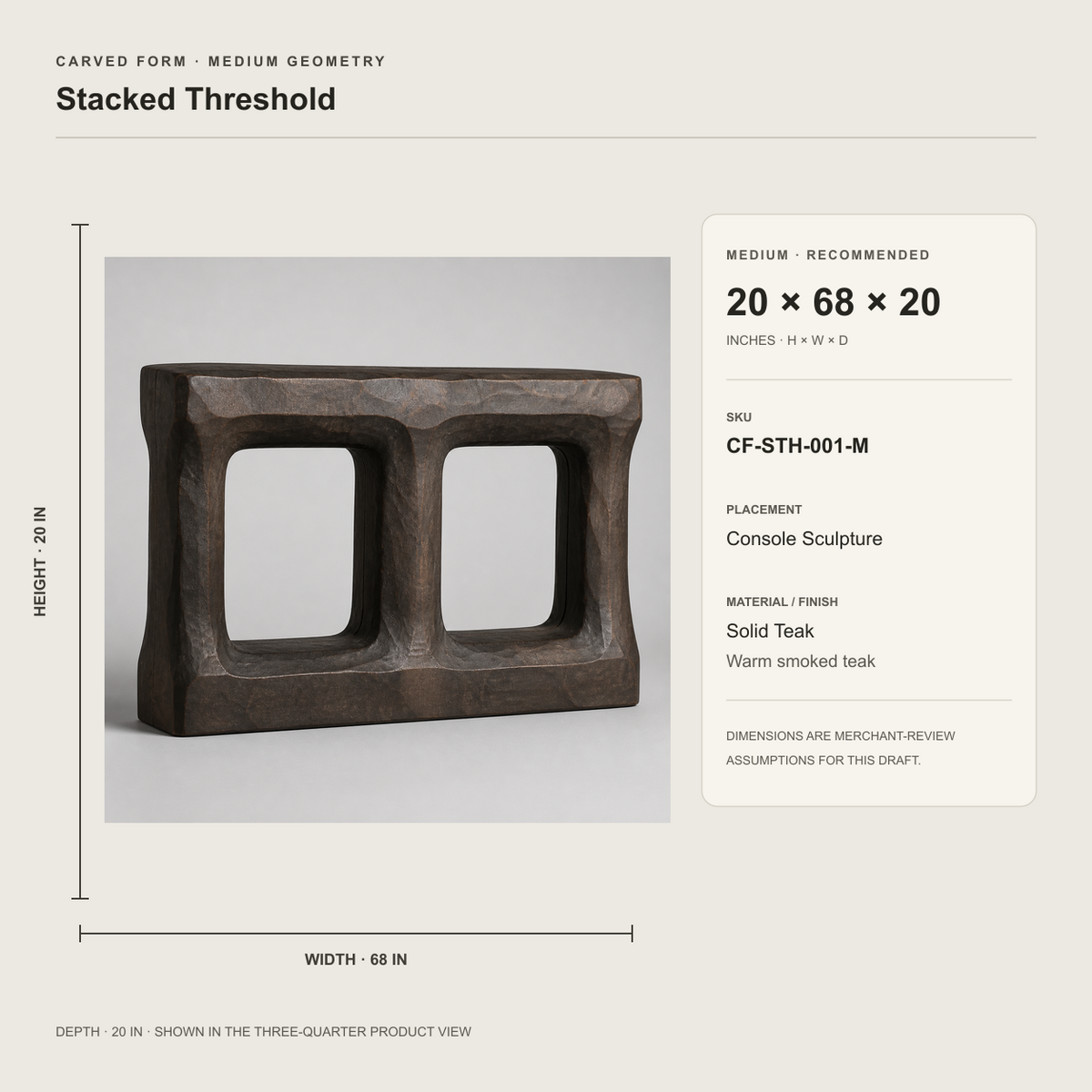 Stacked Threshold, teak wood console sculpture — size and scale study