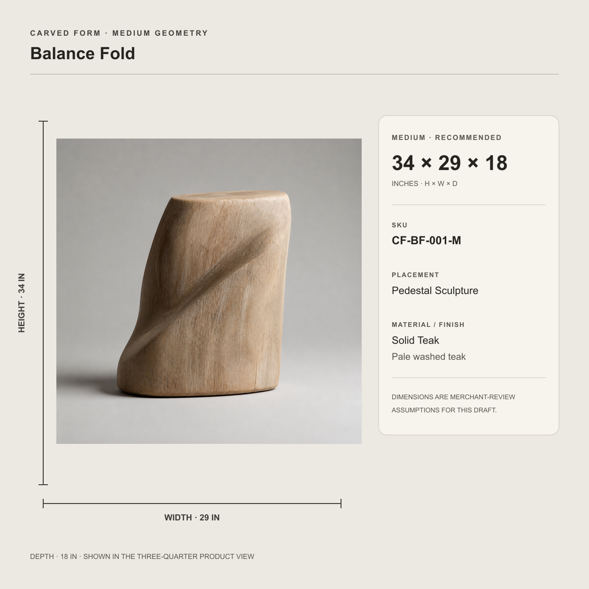 Balance Fold, abstract teak wood sculpture — size and scale study