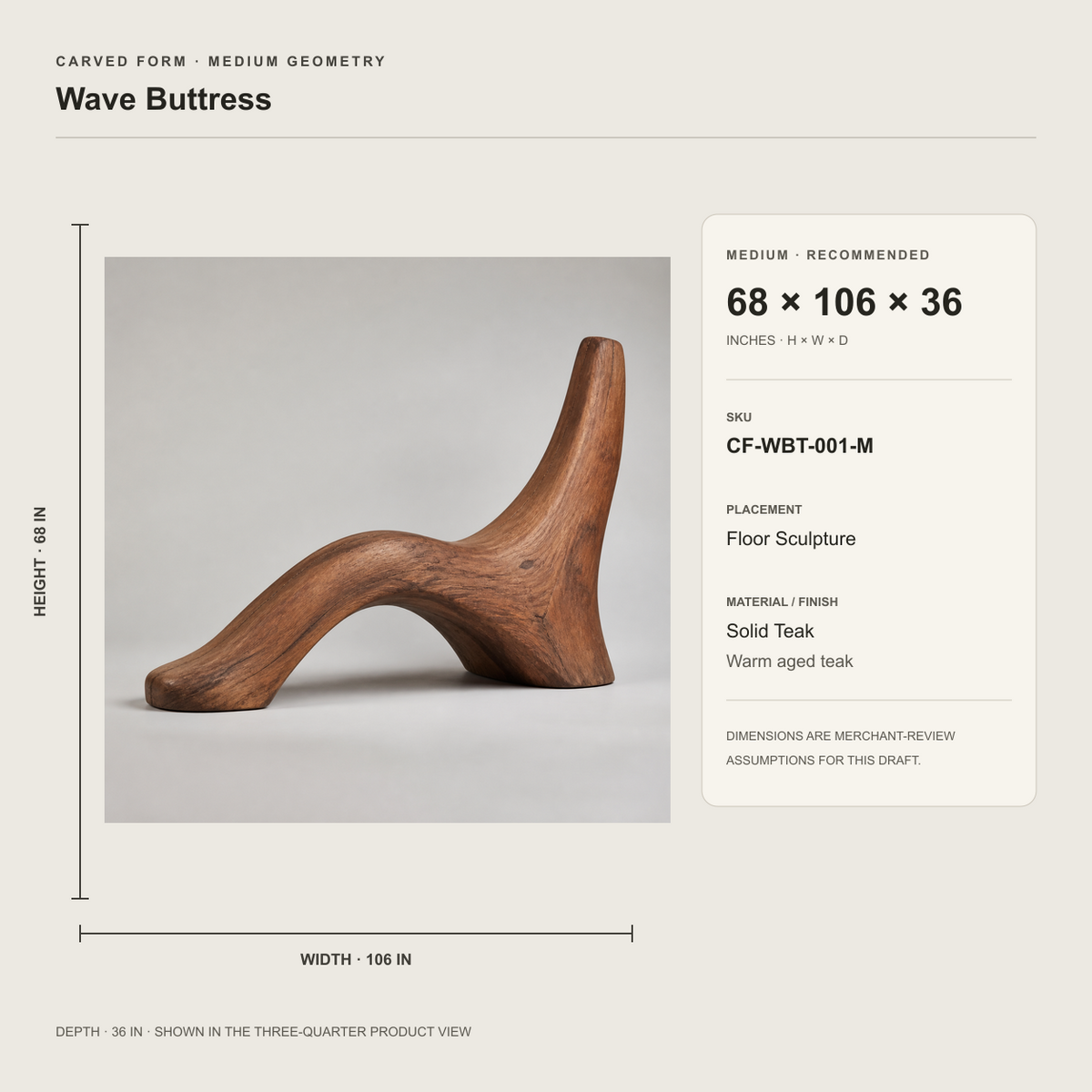 Wave Buttress, teak wood floor sculpture — size and scale study