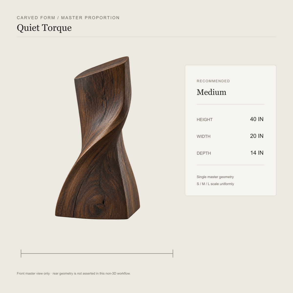 Quiet Torque, abstract teak wood sculpture — size and scale study
