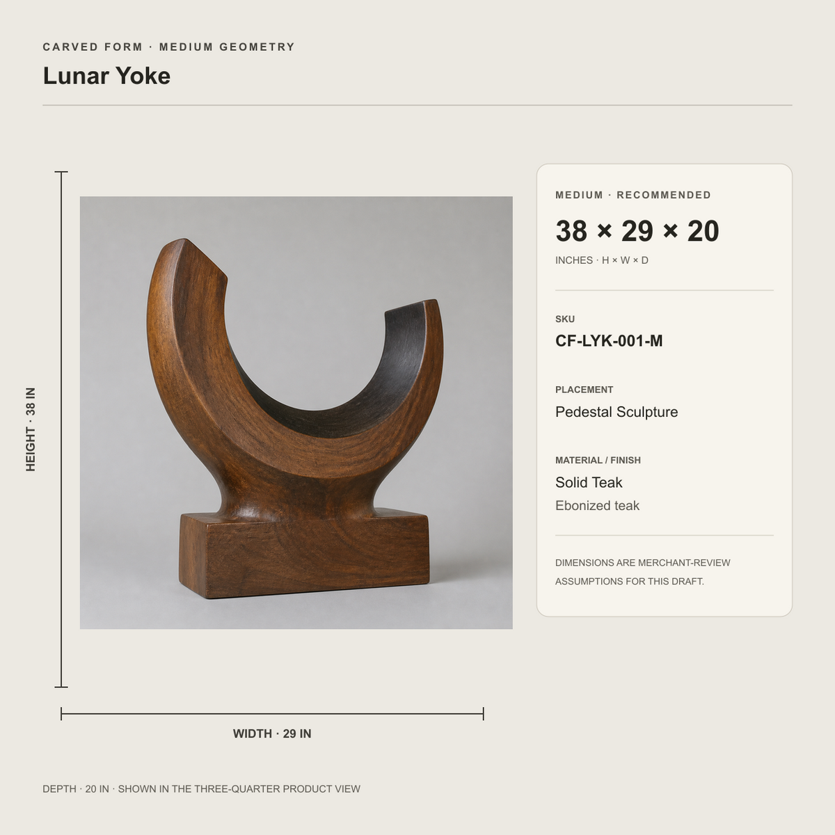 Lunar Yoke, abstract teak wood sculpture — size and scale study