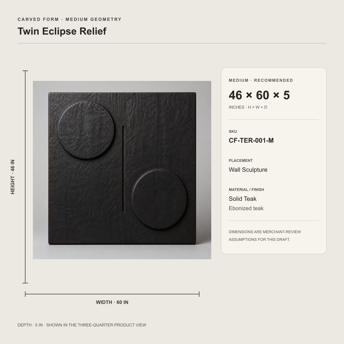 Twin Eclipse Relief, carved teak wood wall art — size and scale study