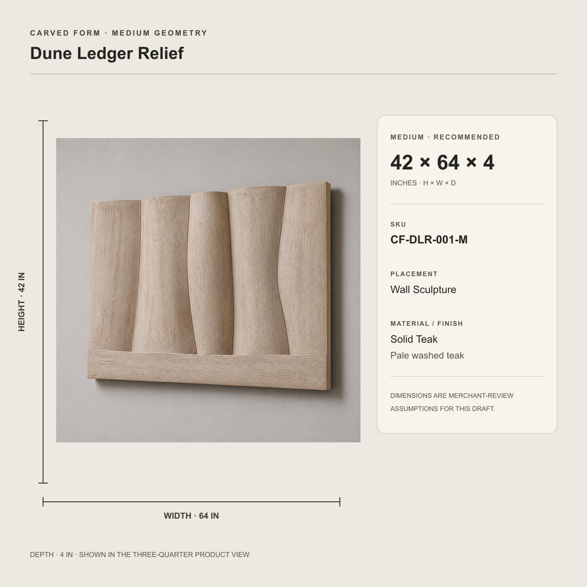 Dune Ledger Relief, carved teak wood wall art — size and scale study