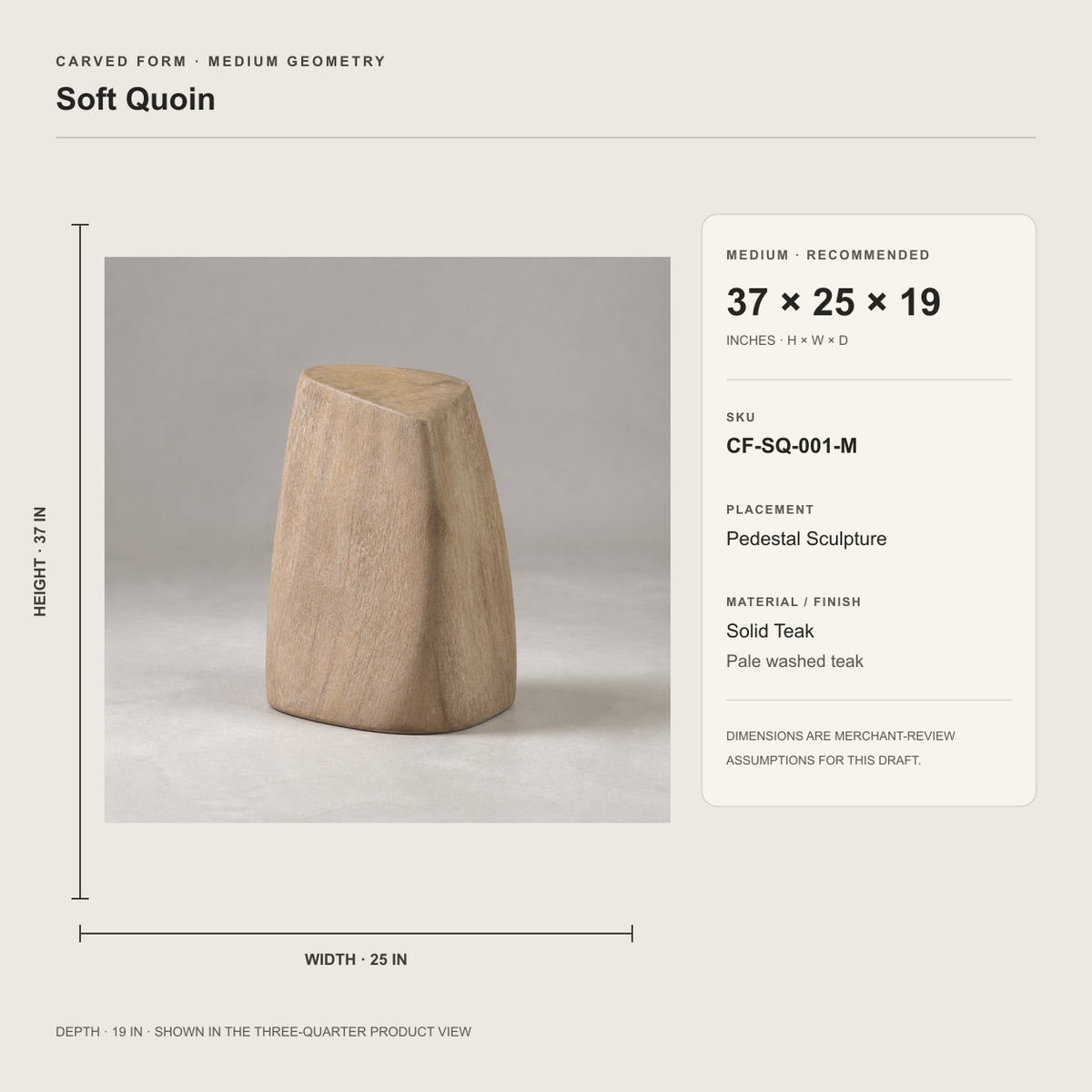 Soft Quoin, abstract teak wood sculpture — size and scale study