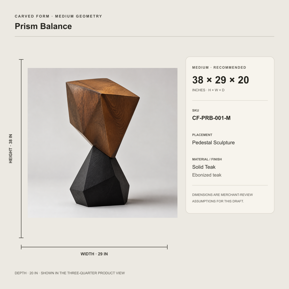 Prism Balance, abstract teak wood sculpture — size and scale study