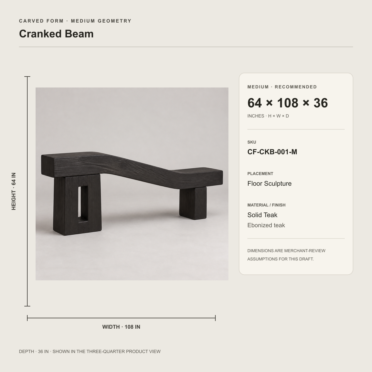 Cranked Beam, teak wood floor sculpture — size and scale study