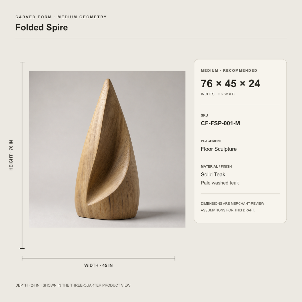 Folded Spire, teak wood floor sculpture — size and scale study
