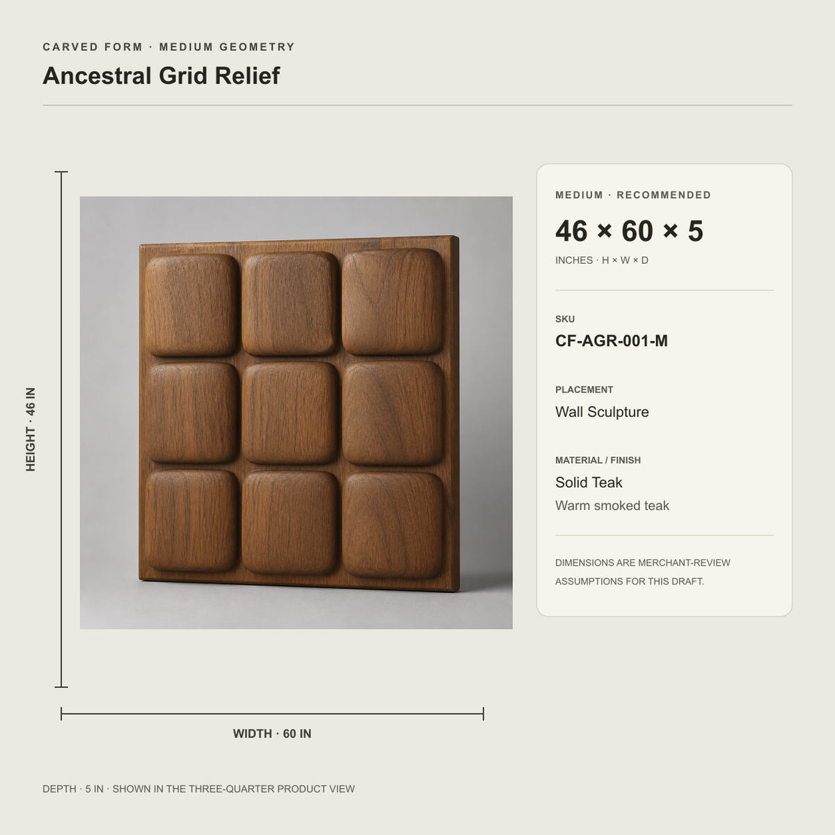 Ancestral Grid Relief, carved teak wood wall art — size and scale study