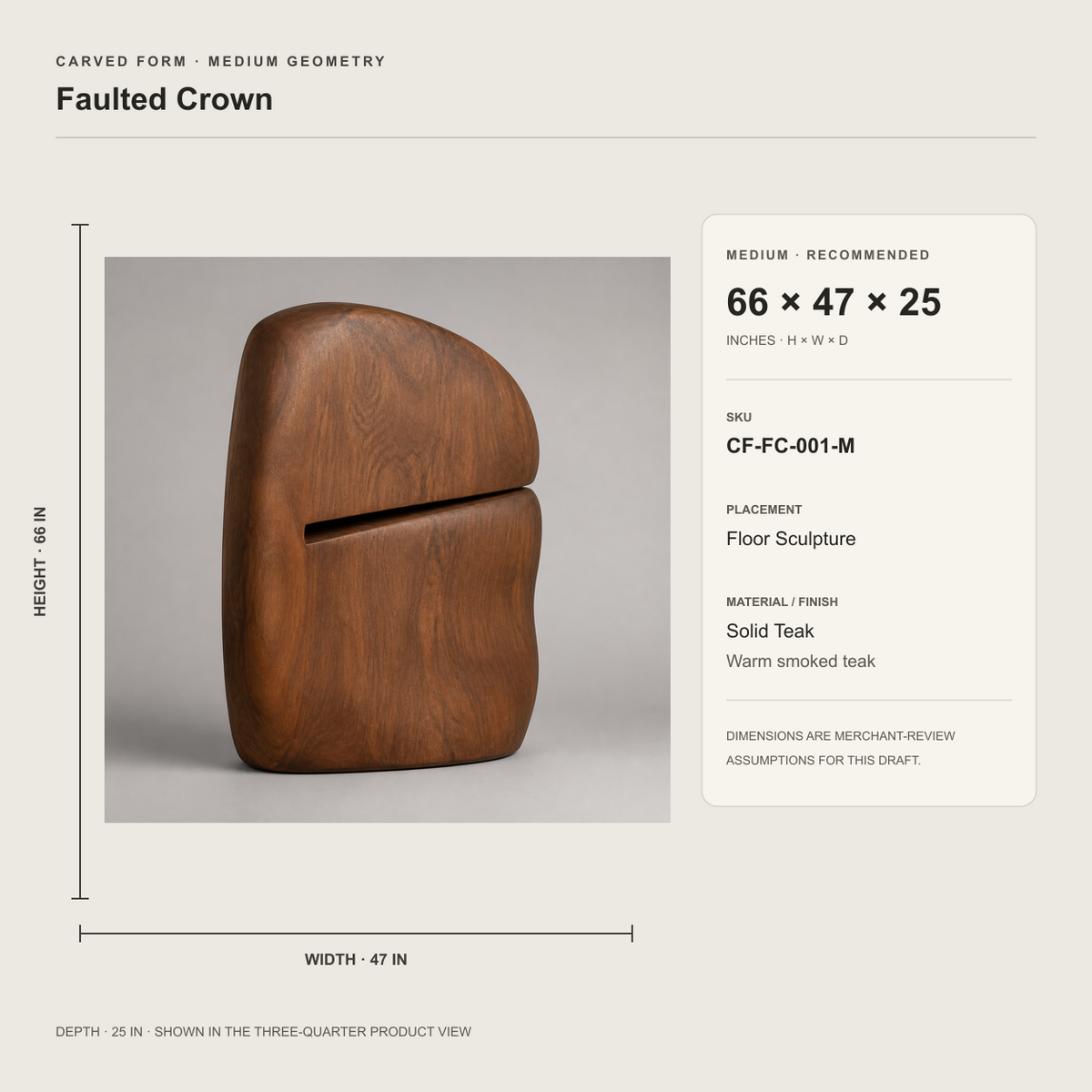 Faulted Crown, teak wood floor sculpture — size and scale study