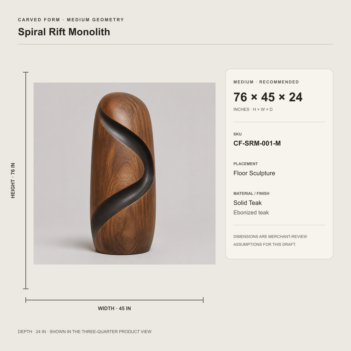 Spiral Rift Monolith, teak wood floor sculpture — size and scale study