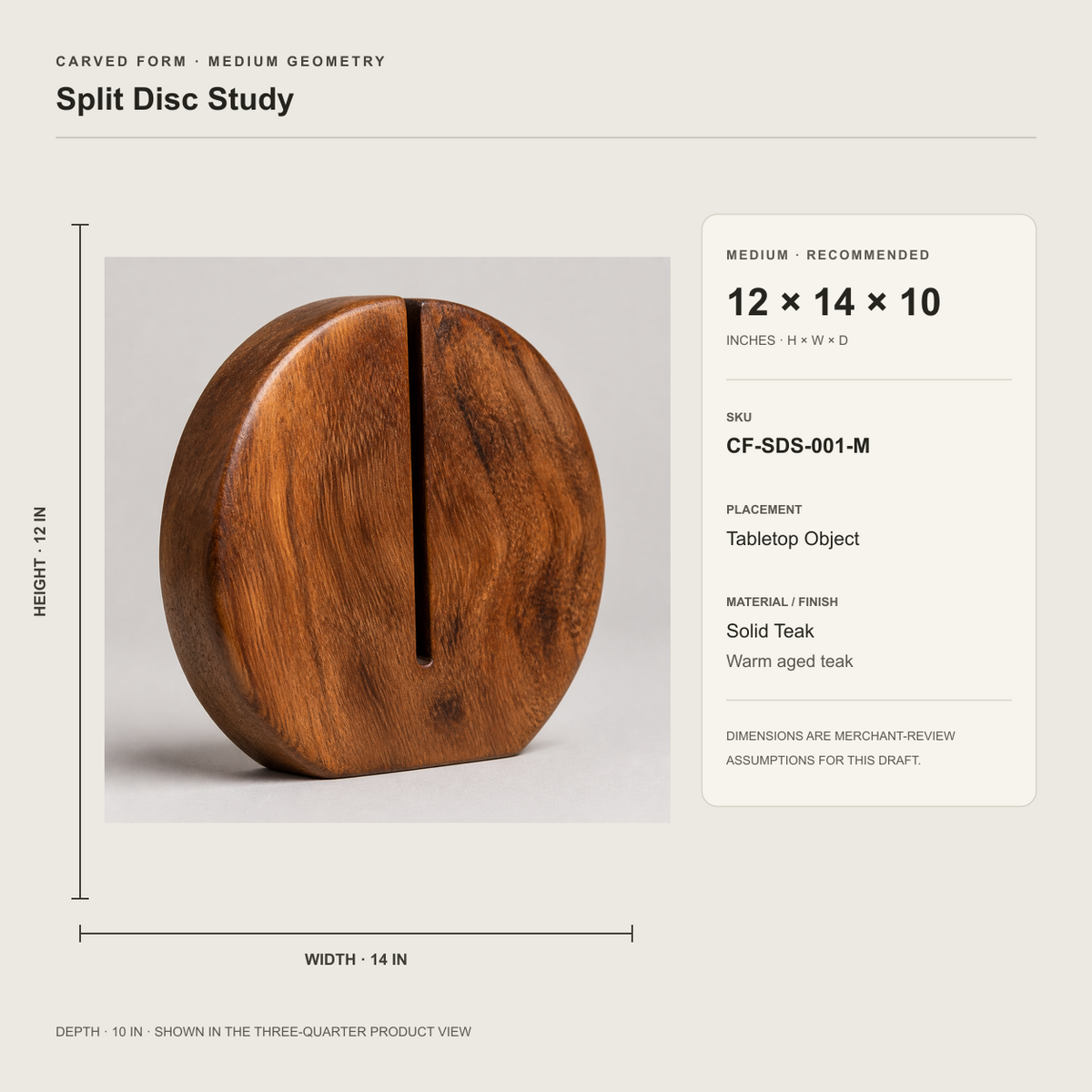 Split Disc Study, teak wood tabletop sculpture — size and scale study