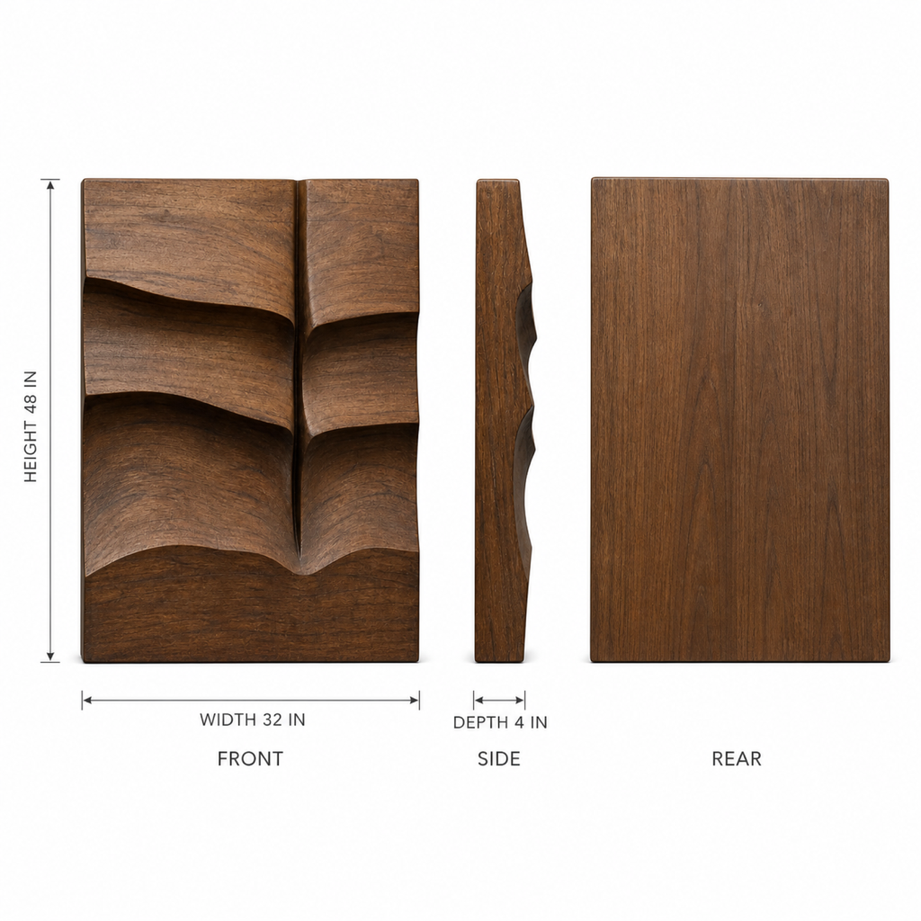 Strata Veil, carved teak wood wall art — size and scale study
