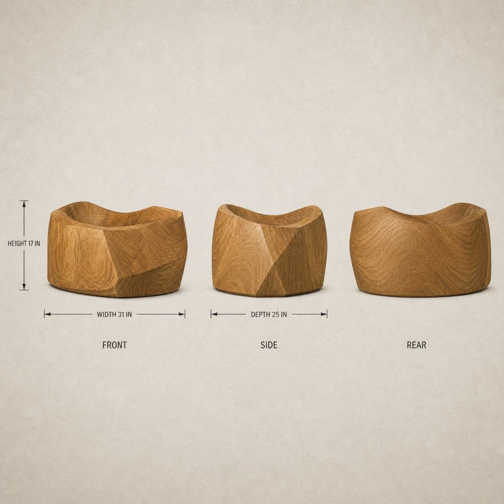 Caldera Plinth, abstract teak wood sculpture — size and scale study