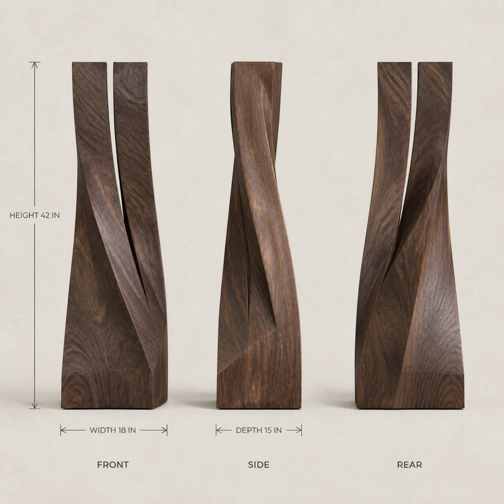 Torque Study, abstract teak wood sculpture — size and scale study