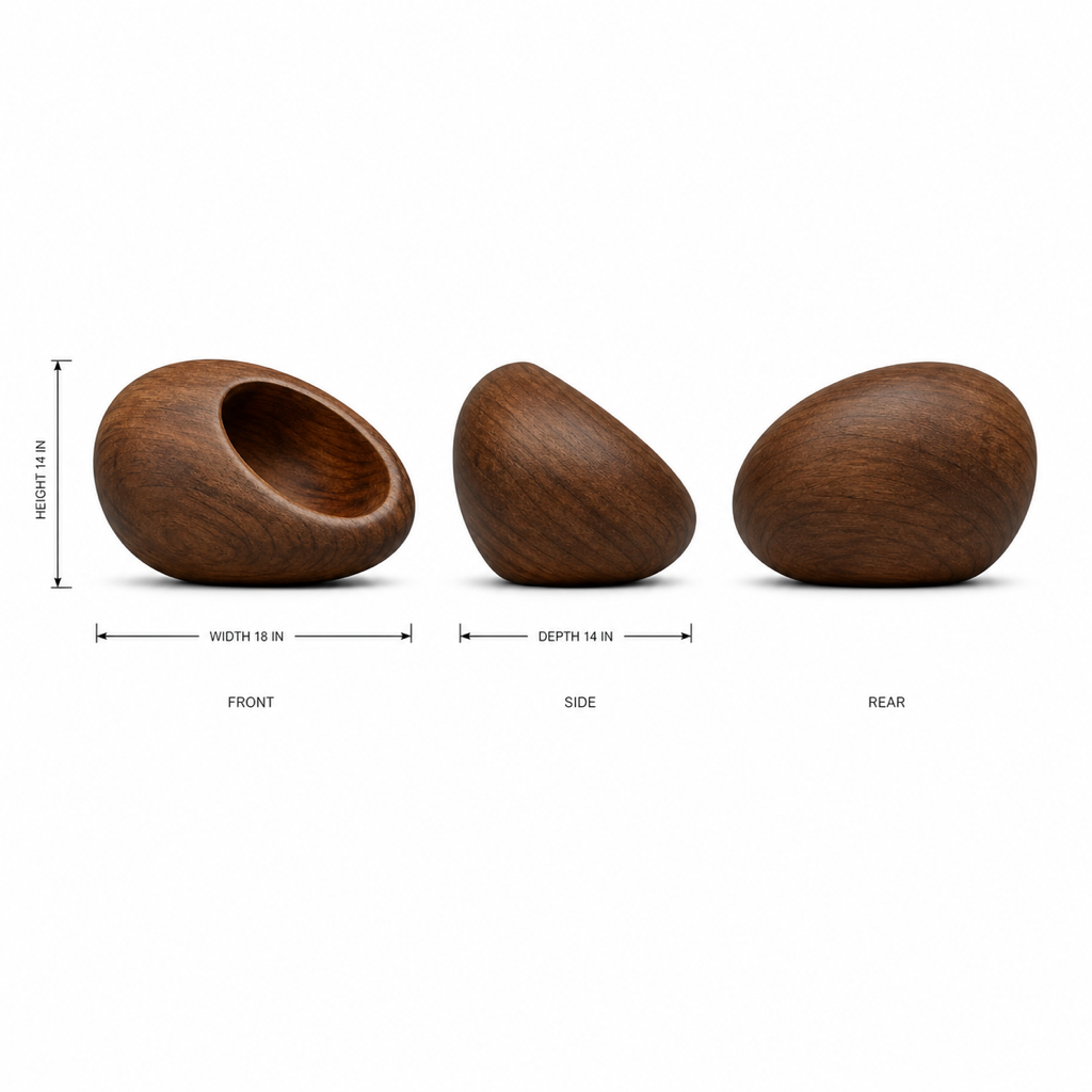 Seed Vessel, teak wood tabletop sculpture — size and scale study