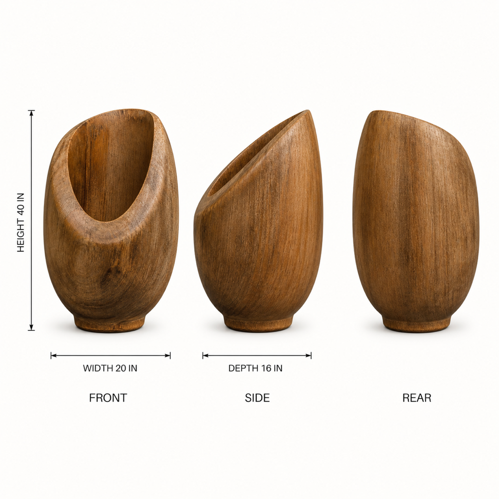 Lumen Plinth, abstract teak wood sculpture — size and scale study