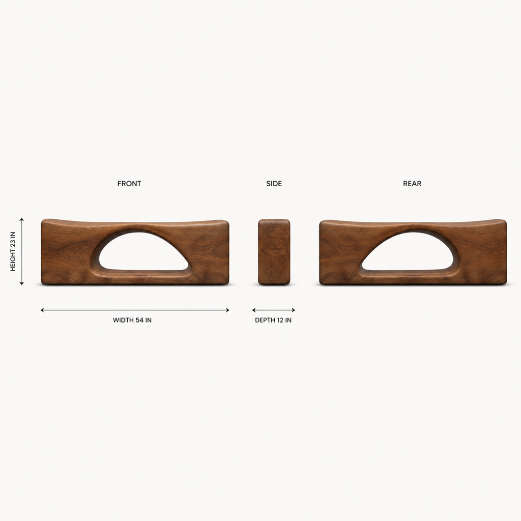 Arc Lintel, teak wood console sculpture — size and scale study