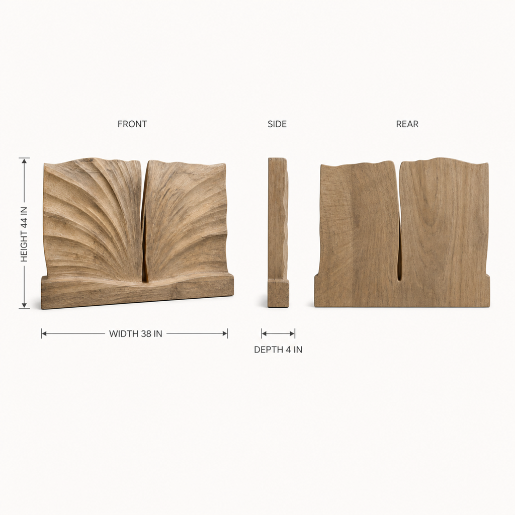 Axial Field, carved teak wood wall art — size and scale study