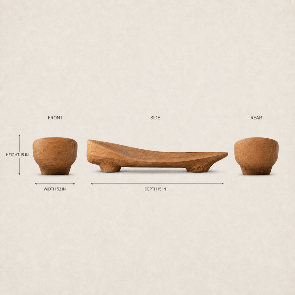 Saddle Plane, teak wood console sculpture — size and scale study
