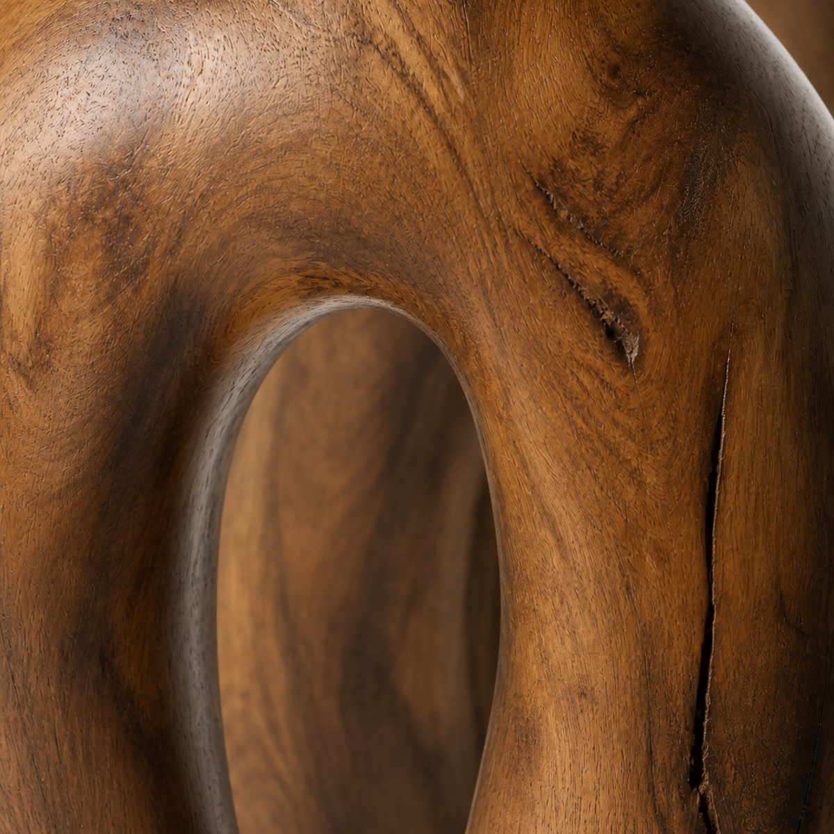 Hollow Crest, teak wood floor sculpture — wood grain and carved detail