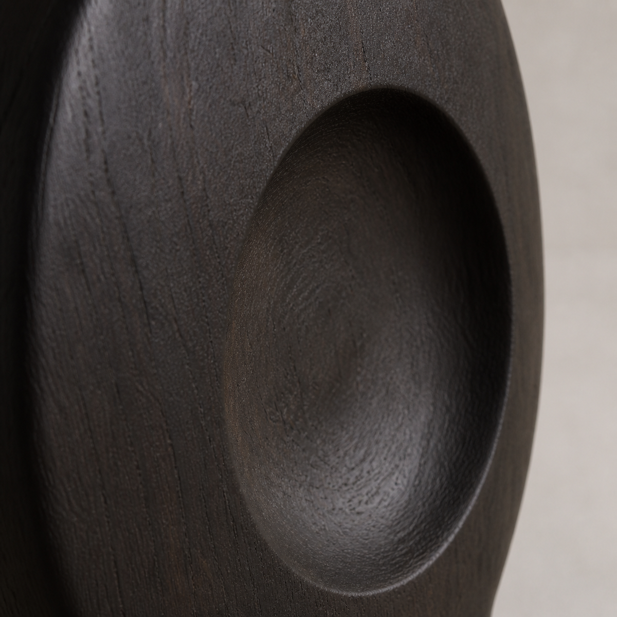 Pressed Orbit, abstract teak wood sculpture — wood grain and carved detail