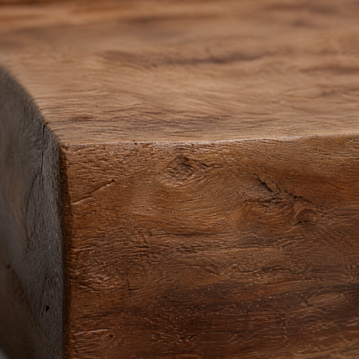 Silt Ledge, teak wood console sculpture — wood grain and carved detail