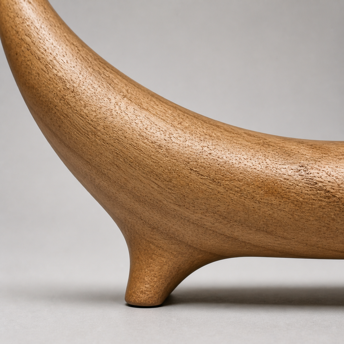 Bridged Crescent, teak wood console sculpture — wood grain and carved detail
