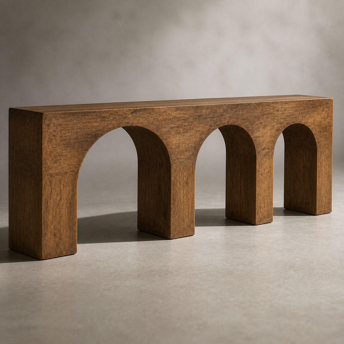 Triple Vault, teak wood console sculpture — wood grain and carved detail