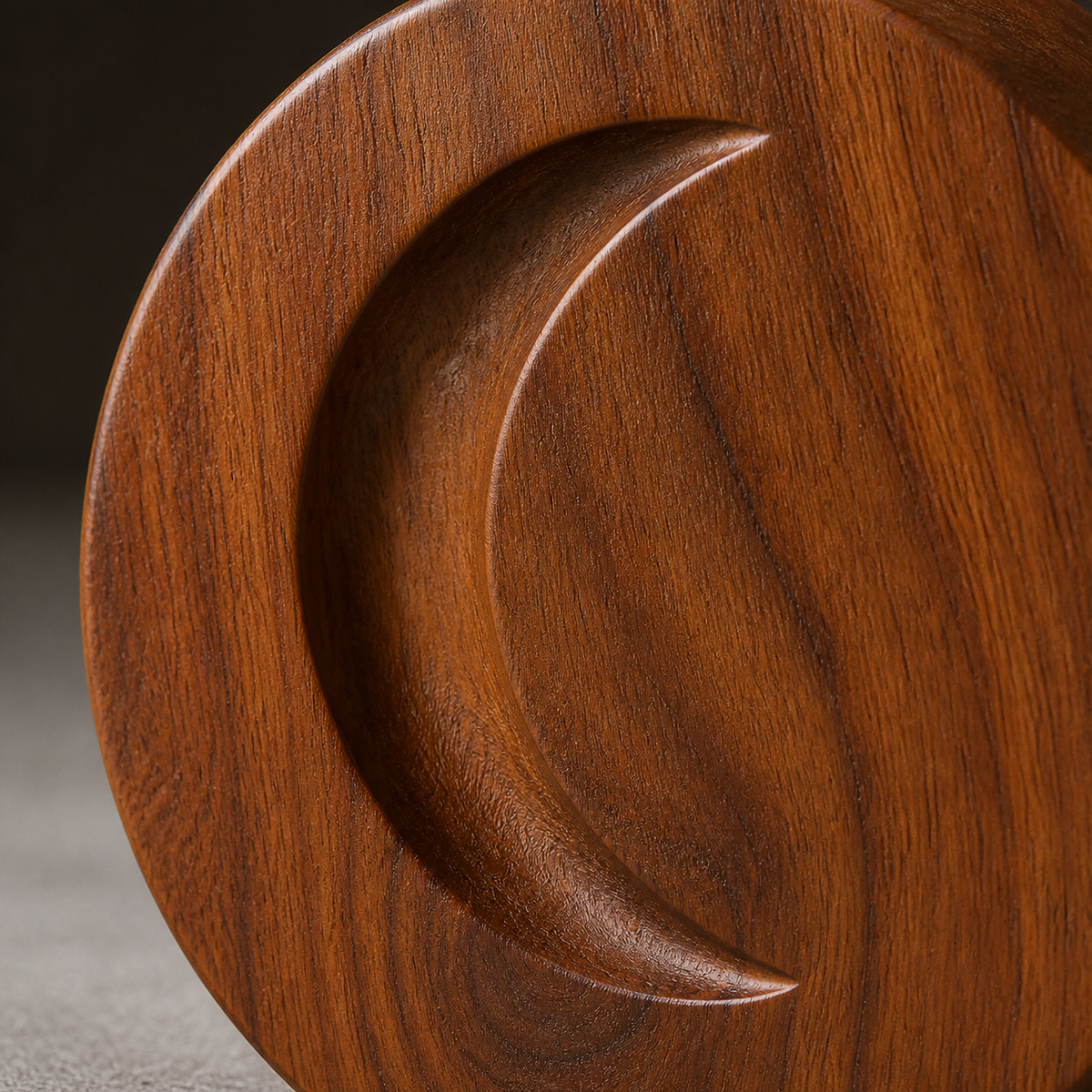 Crescent Token, teak wood tabletop sculpture — wood grain and carved detail