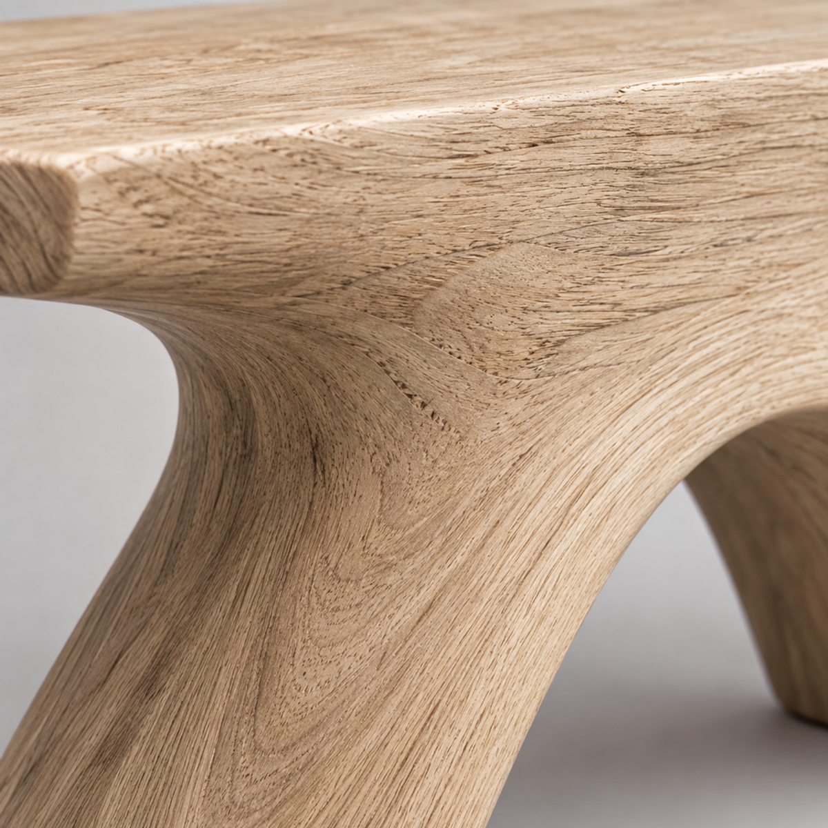 Inverted Span, teak wood floor sculpture — wood grain and carved detail