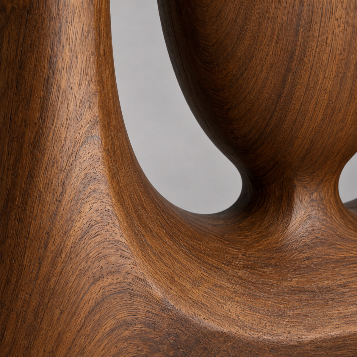 Suspended Core, teak wood floor sculpture — wood grain and carved detail
