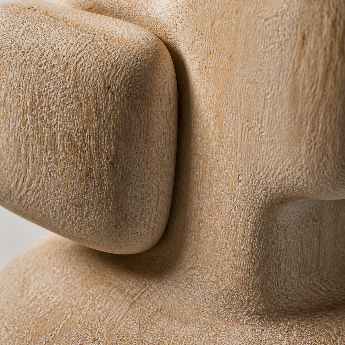 Cairn Spine, teak wood floor sculpture — wood grain and carved detail