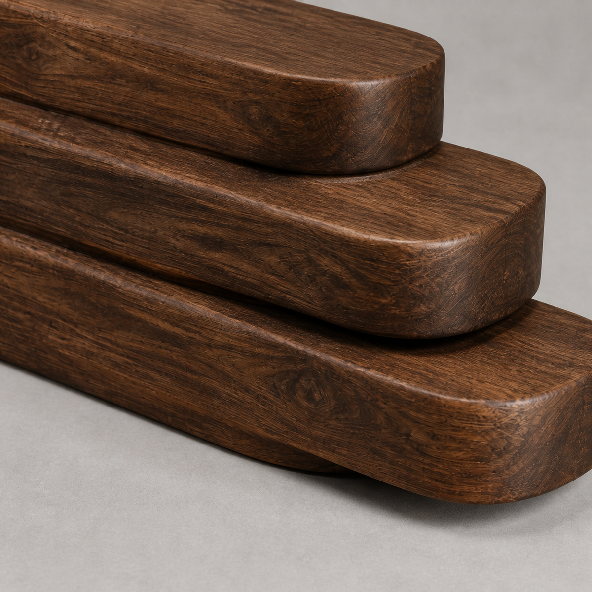 Layered Reach, teak wood console sculpture — wood grain and carved detail